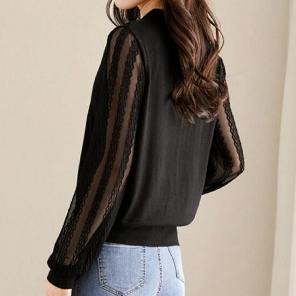 Navava Women Lovely Lace Collar Long Sleeve Knit Tee Nk2745