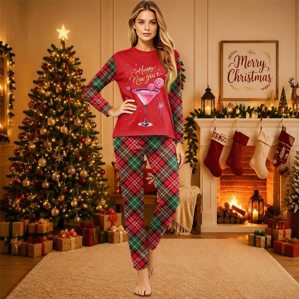 Christmas-print long-sleeve and long-pant matching family loungewear set