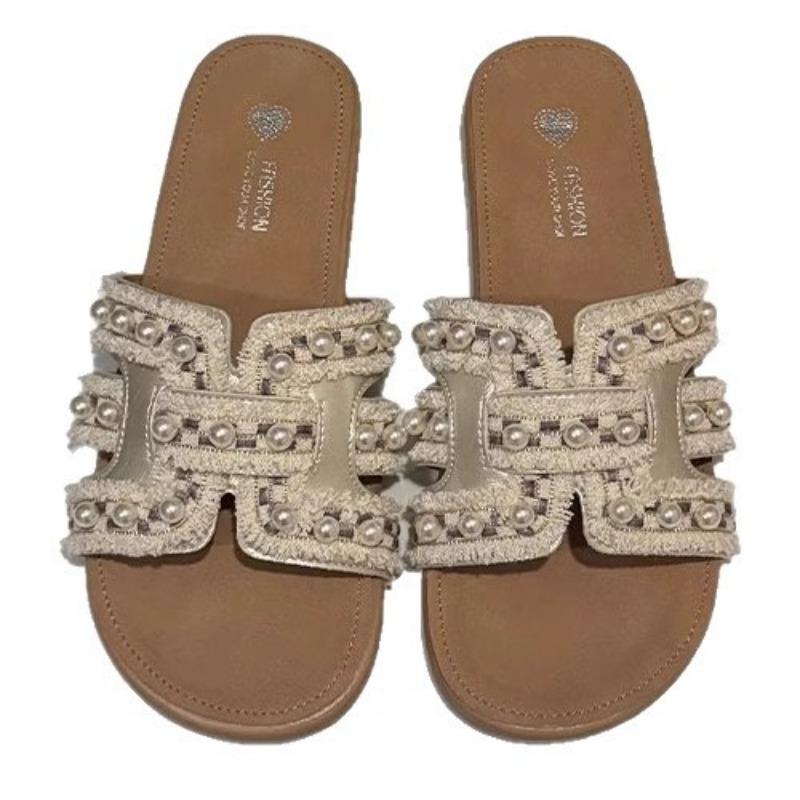 Soft sheepskin~ Pearl cool slippers women's summer wear new flat-bottomed non-slip with skirt gentle one-word slippers