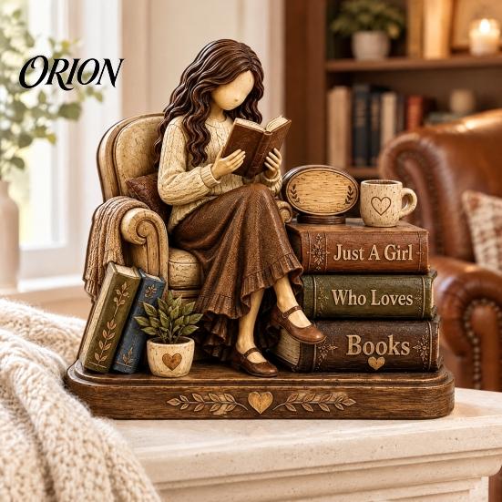 Detailed Wooden Craftsmanship 2D Flat Reading Girl Figurine with Stacked Book Design for Lovers, Small Ornament Bedside Table Decorative Tabletop