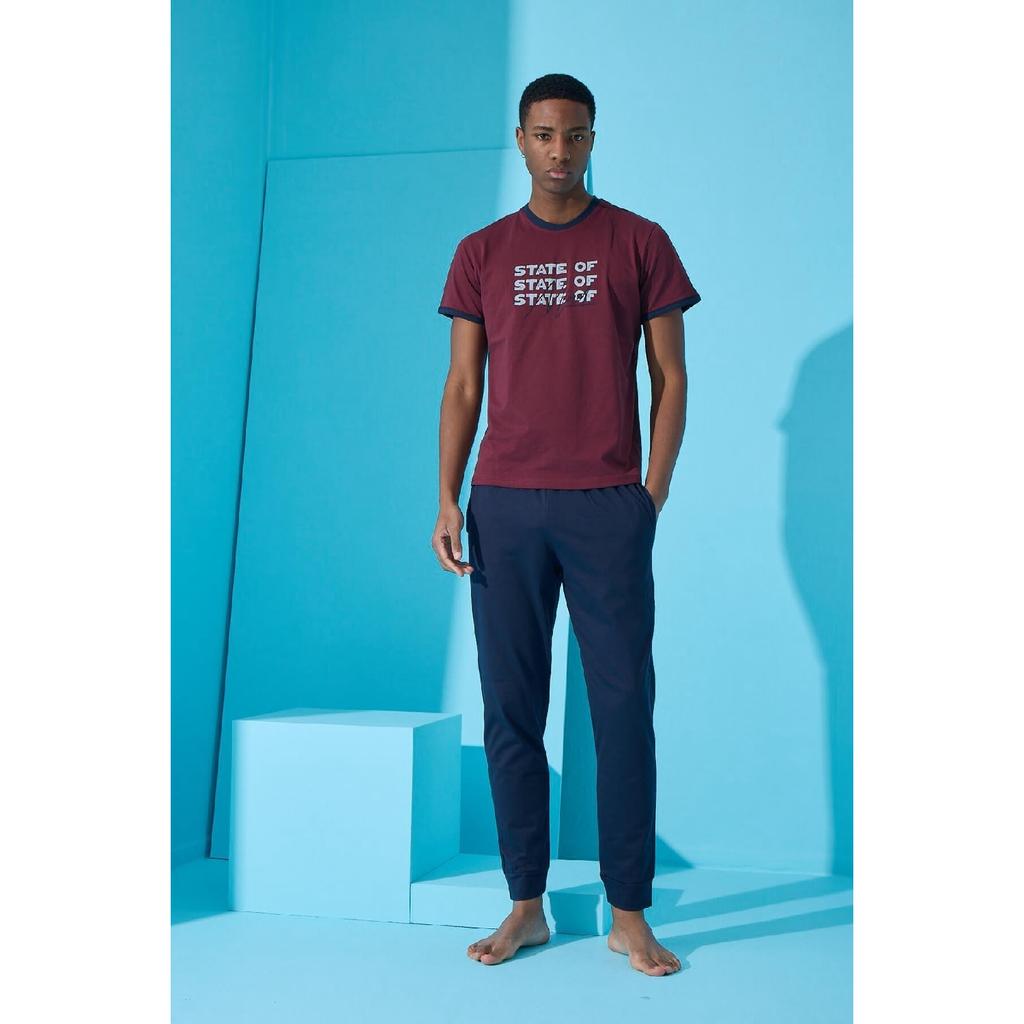 Khaki State bedrucktes, kurzärmliges Herren-Pyjama-Set mit Bündchen