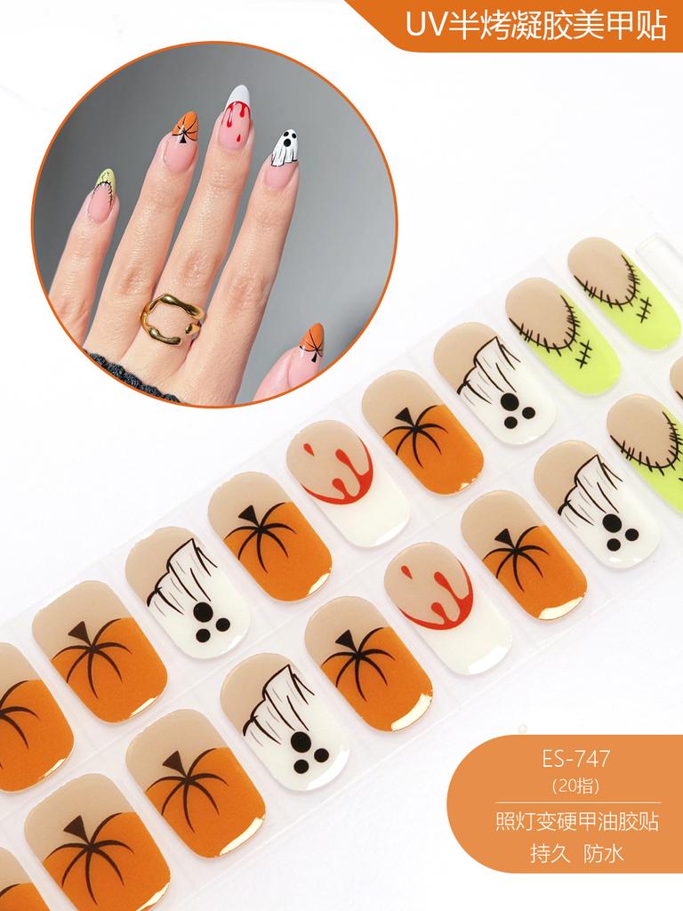 20 Pcs Halloween Christmas UV Semi Cured Gel Nail Stickers Self Adhesive Long Lasting Popular Nail Art Wraps