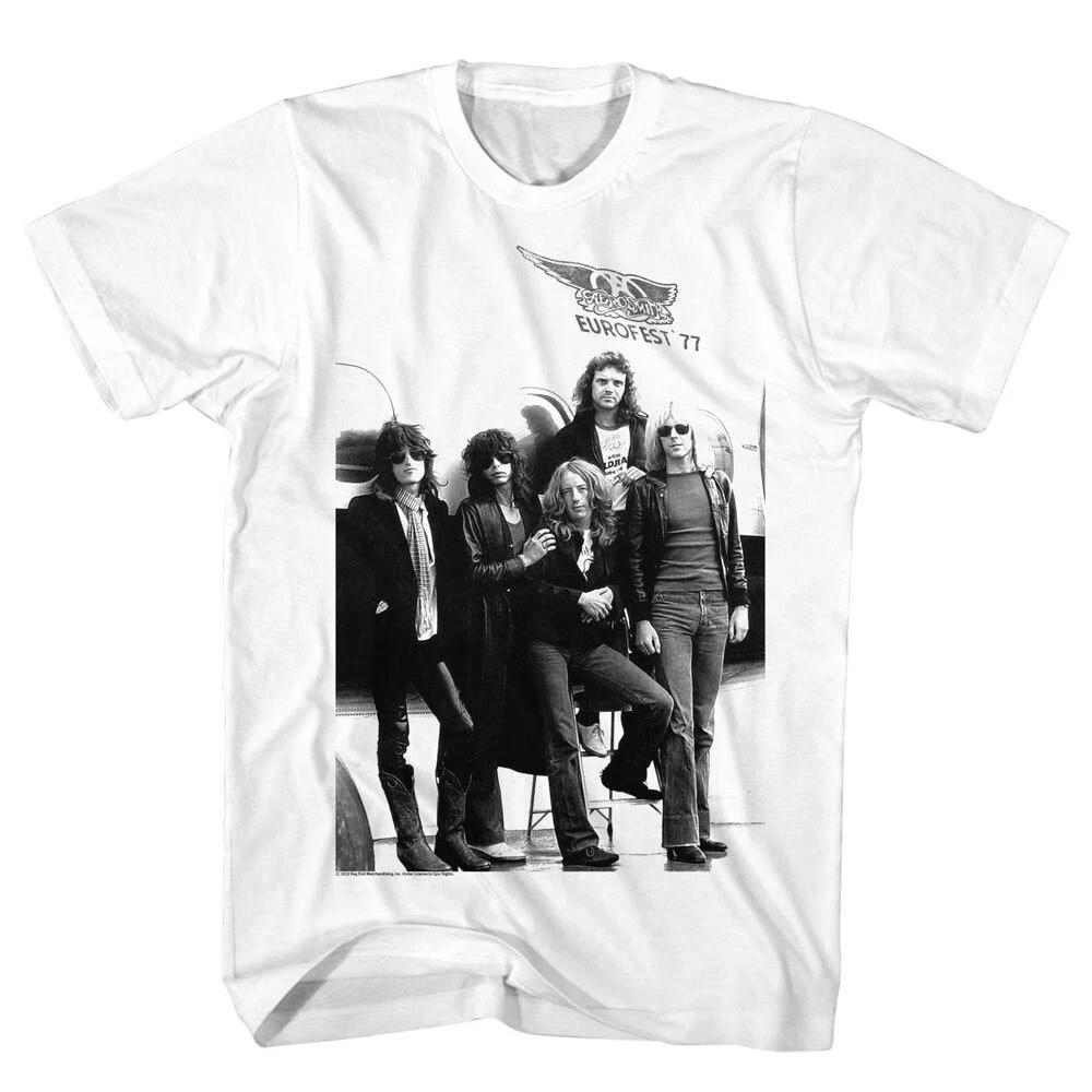 Aerosmith Group Photo Eurofest 77 Plane Men s T Shirt Rock Band Music Merch 2XL