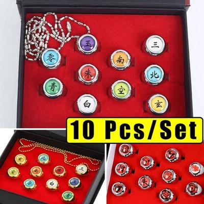 10 buc cu cutie Naruto Suit Ring Sharingan Akatsuki Cosplay Set complet pentru membri Sasori Itachi Hidan Deidara Set de inele Accesorii pentru costume pentru copii Gif
