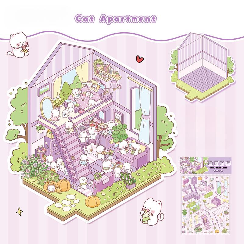 Cartoon Miniature Scene 3D Stickers Retro DIY PET Landscape Stickers Decompression Korean Stationery Scrapbooking Posters
