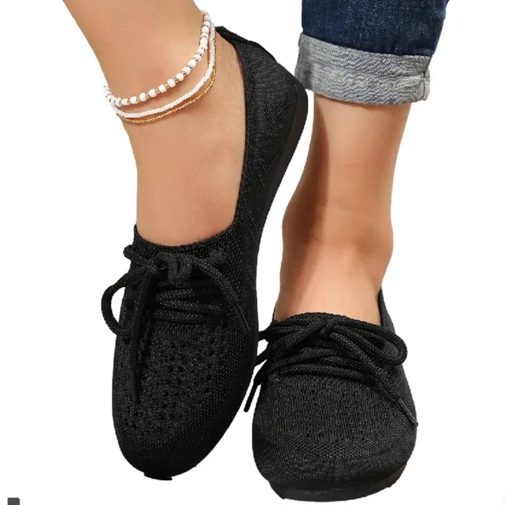 Knitting Mesh Flats Shoes Women Spring Weave Breathable Shoes Fashion Lace Up Shoes Comfort Soft Sole Women's Flat
