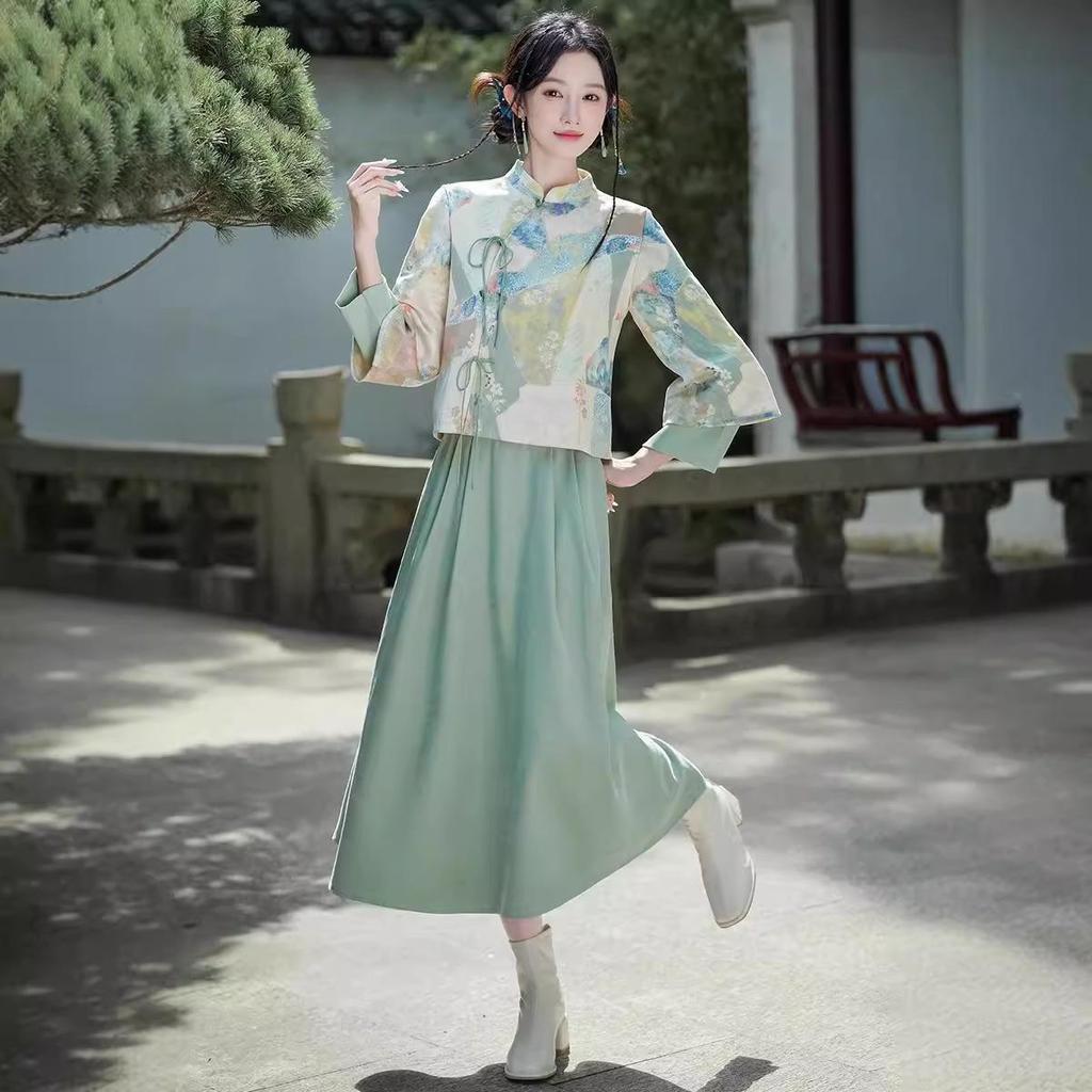 Women's Retro Print Tang Suit: Spring/Autumn Modernized Hanfu & Cheongsam Tea Set