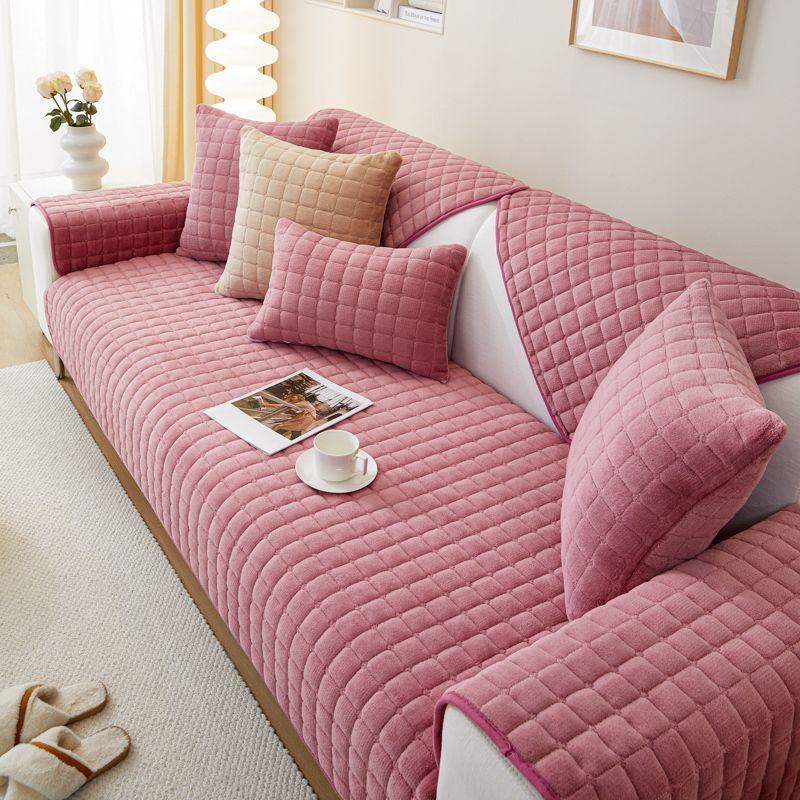 Plyšová kostkovaná pohovka Polštář Neklouzavý zesílený Univerzální potah na pohovku do obývacího pokoje zesílený teplý pohovka zadní kryt područky ručník