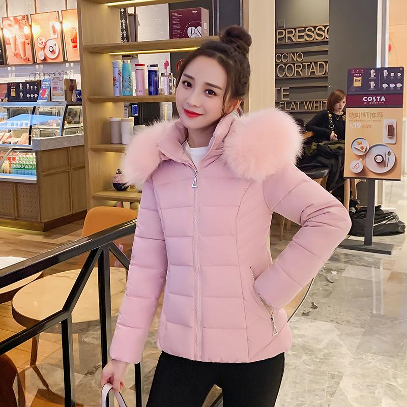 Women's Latest Short Cotton-padded Jacket Korean Version Of Big Fur Collar Slim Detachable Hat Warm Winter Cotton-padded