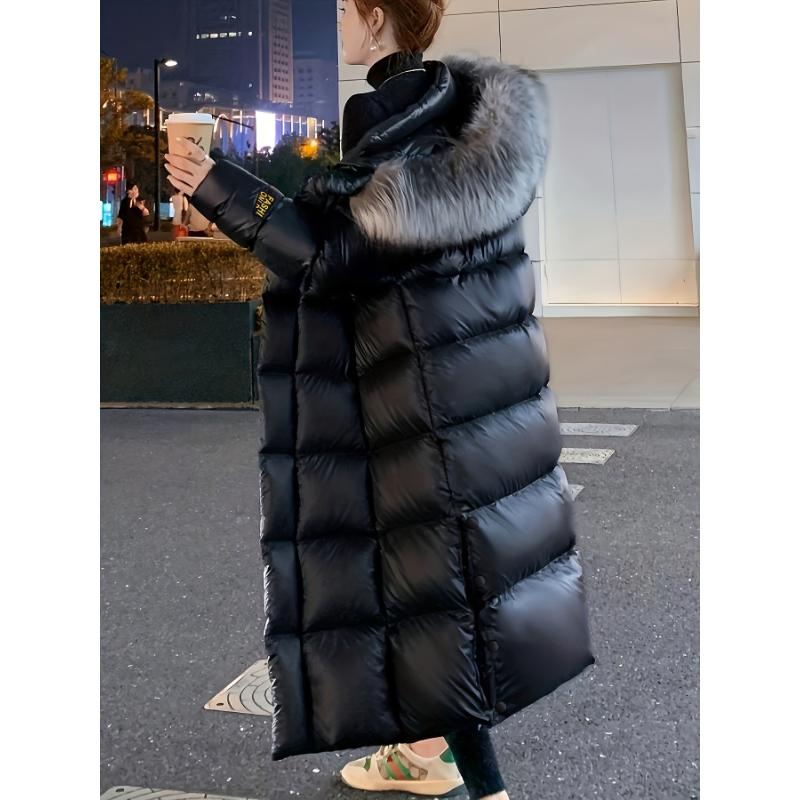 New  Women's Black and Golden Faux Padded Coat, Long Slim Fit, Thickened with Large Collar, Long Padded Padded Jacket