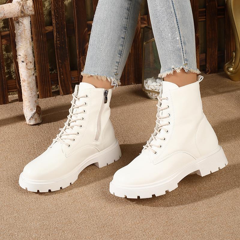Fall/Winter New Women's  Platform British-Style Snow Boots, Casual Leather Lace-Up & Side Zipper Fashion Ankle Boots
