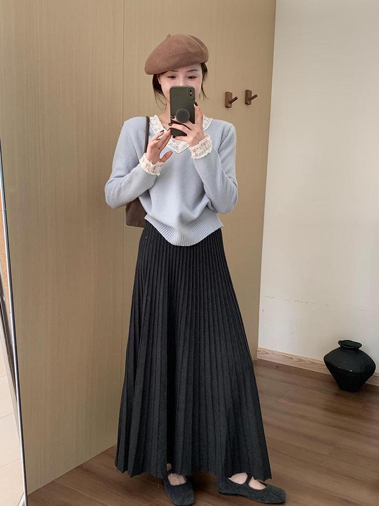 2025 Winter Women's High-Waisted Pleated Knit Midi Skirt - Korean Style, Versatile & Casual