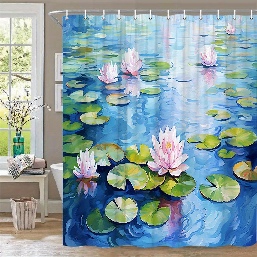 1Pc For Lotus Pond Bath Curtain - Impressionistic Watercolor Serene Scene With Pink Blooming Flowers & Lily Pads In Soft Blue
