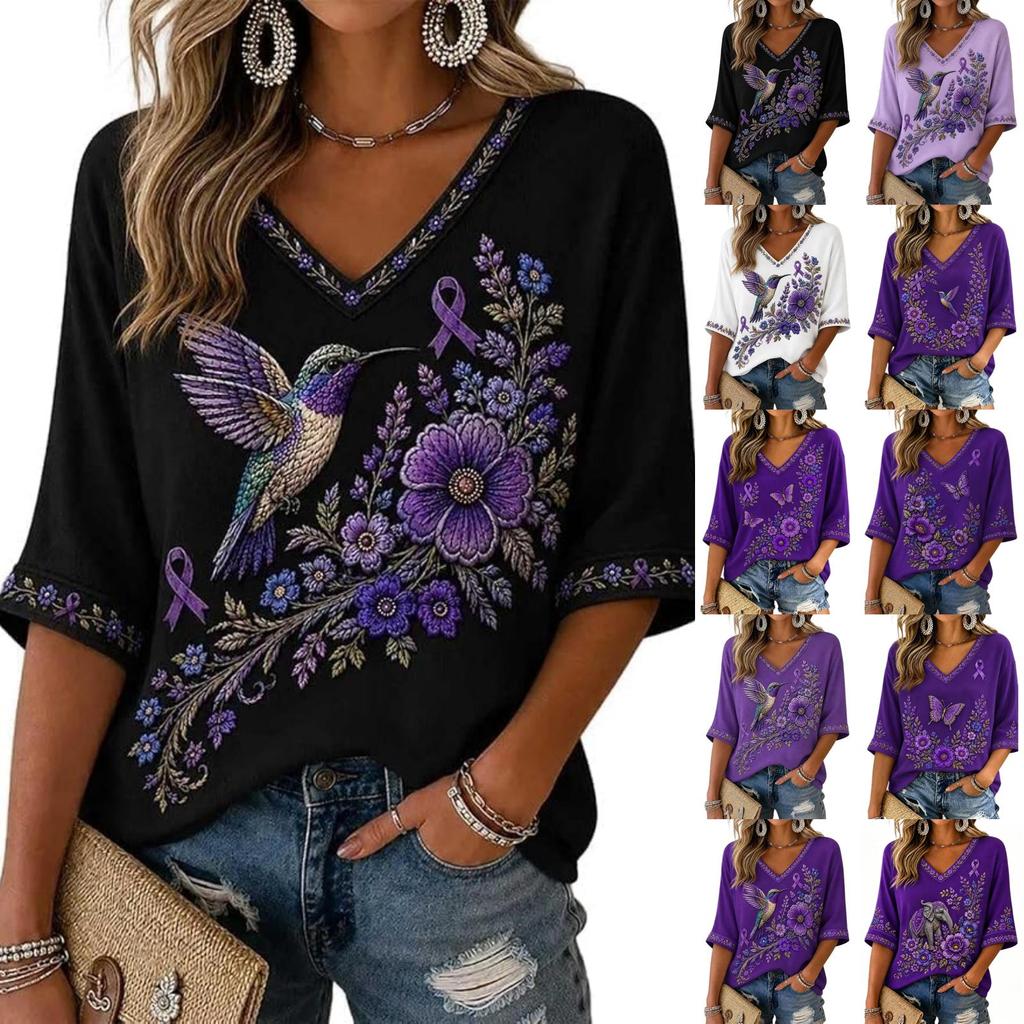 Women's 3D Print V-Neck Loose Fit Three-Quarter Sleeve T-Shirt Casual Top