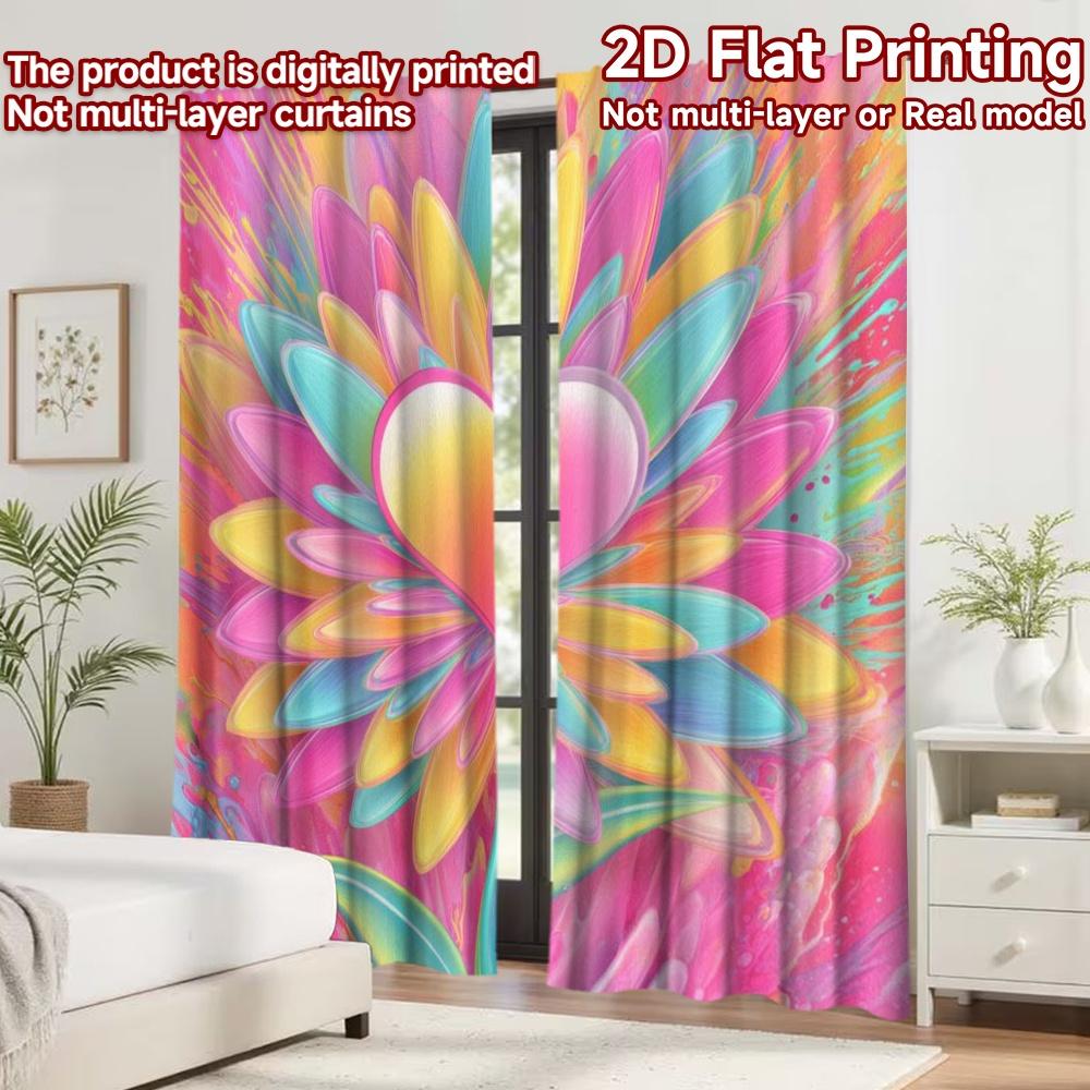 2D Flat Printing 2pcs Curtain Curtain Valentine's Colorful Heart Flower Digital Printed Polyester Drapes Party Decorations Use
