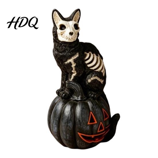 Tabletop Halloween Figurine Skull Black Cat Pumpkin Figurine Gothic Statue with Hollow
