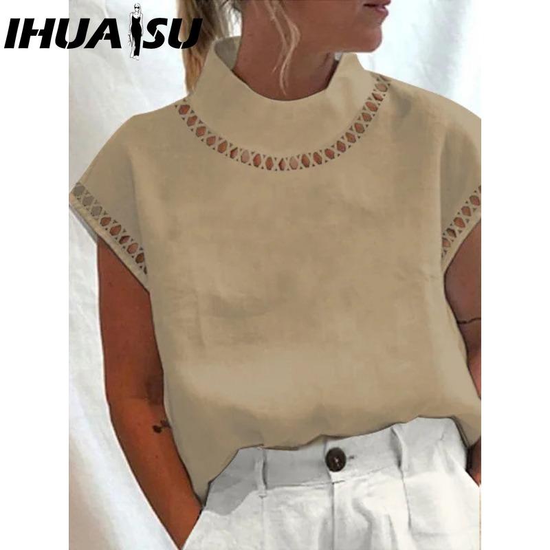 

IHUASU Женские модные повседневные однотонные блузки и рубашки с принтом и коротким рукавом XXL хаки