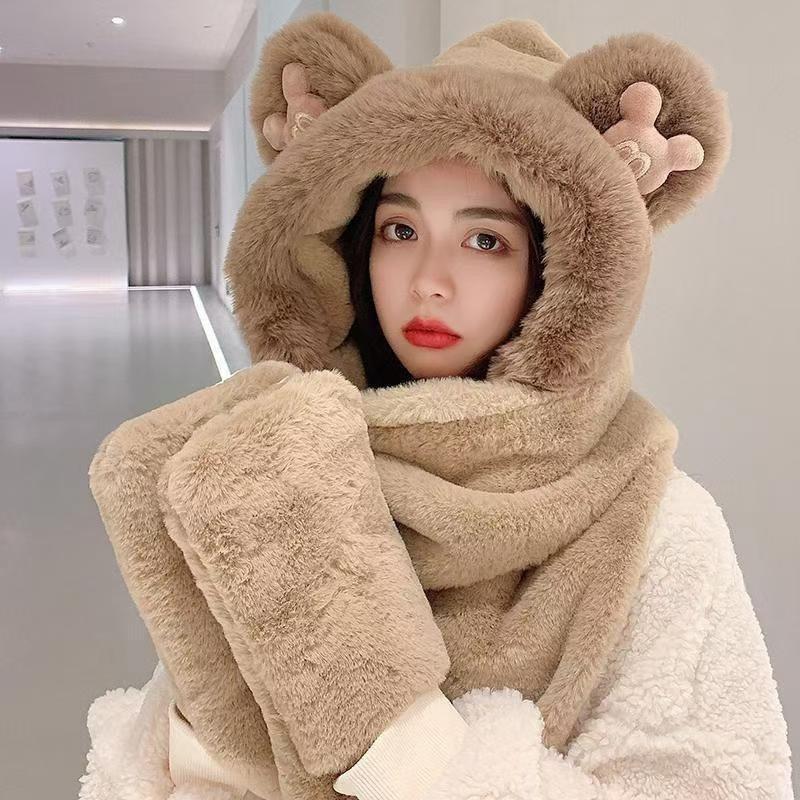 Hat women's autumn and winter versatile warm winter hat scarf integrated ear hat cute plush thickened plush hat