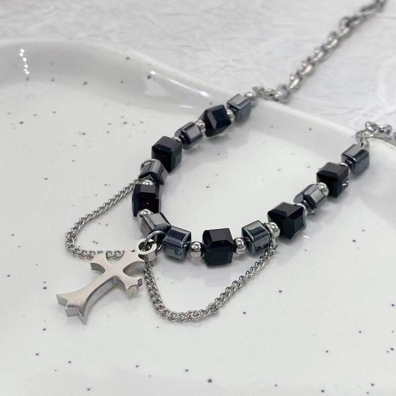 Gothic Cross Pendant Necklace Unisex Black Beaded Hip Hop Chain Trendy Retro High-grade Sense High Street Jewelry Accessories