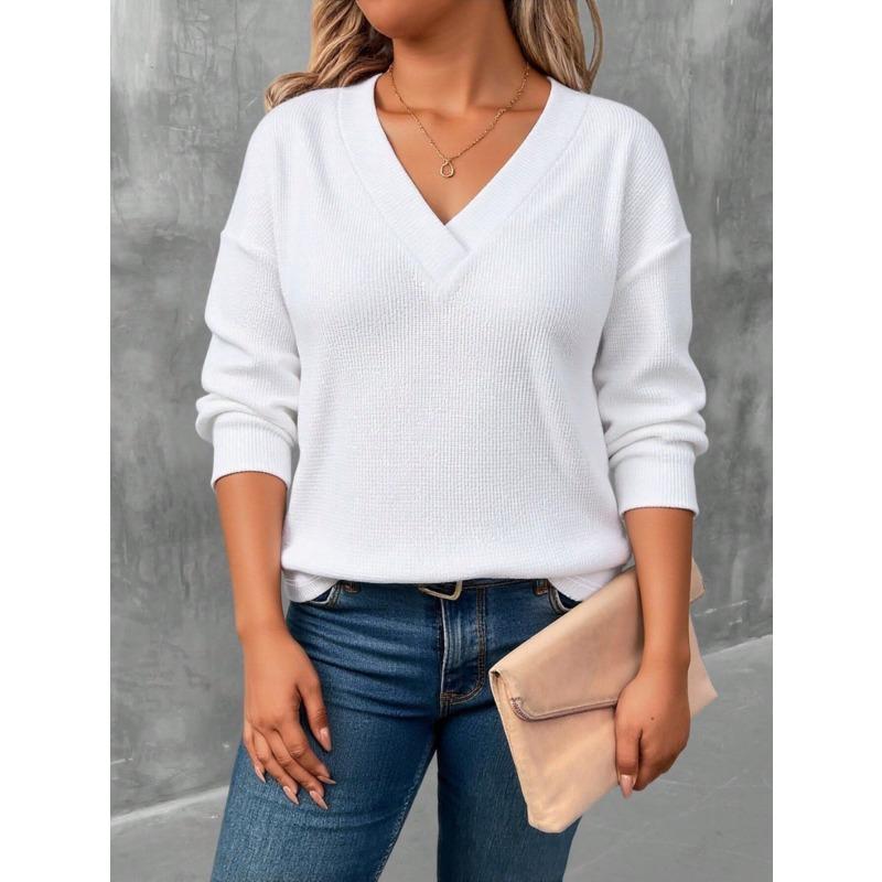 JPNTKY Women's Fashion Casual Solid Color Print V-Neck Long Sleeve Blouses & Shirts