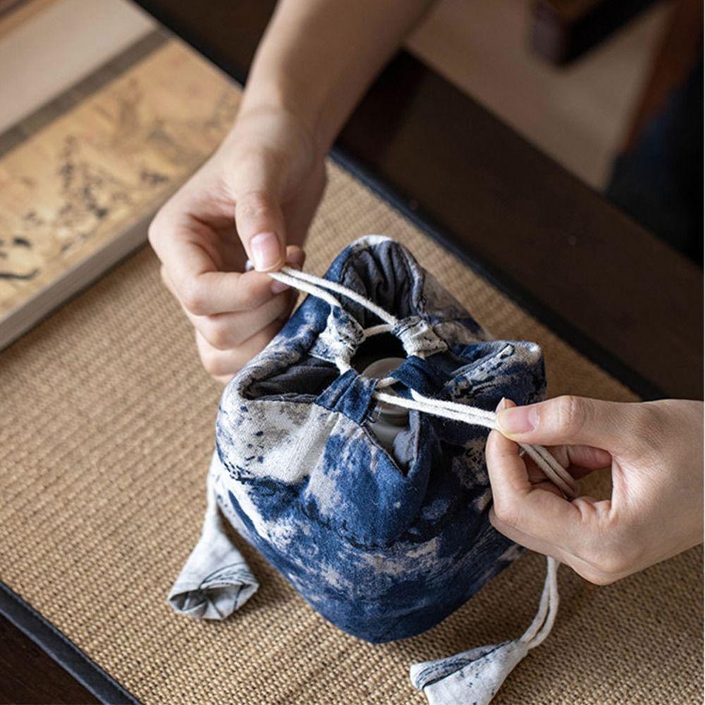 Chinese Style Tea Tools Storage Bag Cotton Drawstring Bundle Pocket Ink Rendering Handbag  Festival