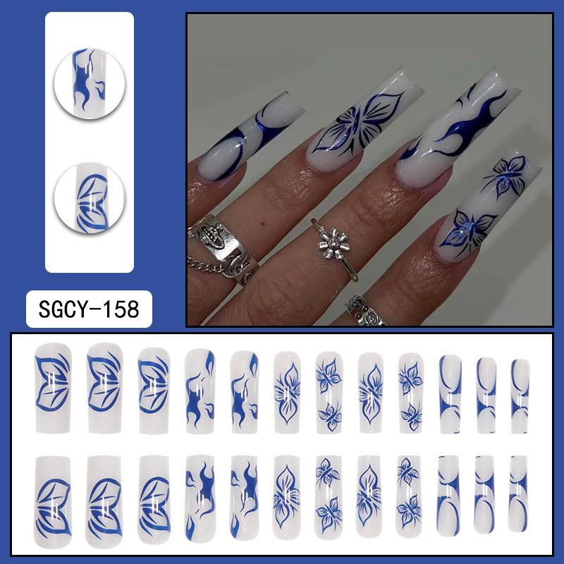 Long Press-On Nails With Adhesive Tabs Full Cover Fake Women INS Style Acrylic Nail Tips Reusable Wearable Art