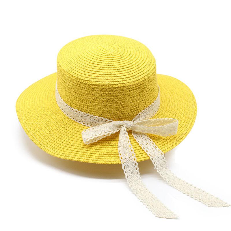 Straw Hat Women'S Summer British Style Lace Bow Flat Top Top Hat Sunshade Sun Protection Straw Hat Beach Hat Sun Hat