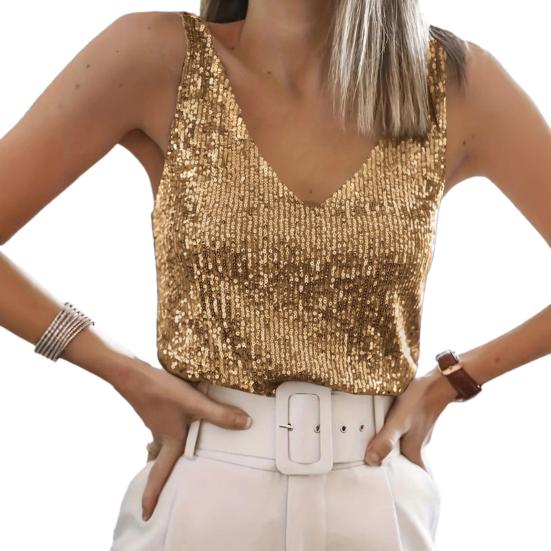 Women Tops Deep V-Neck Sparkling Sequins Design Sleeveless Vest Loose Fit Party Camisole Nightclub Wear