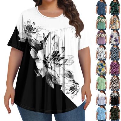 Women's Fashion Plus-size Casual Short-sleeved Vintage Floral Print Crew-neck Front Pleat Top