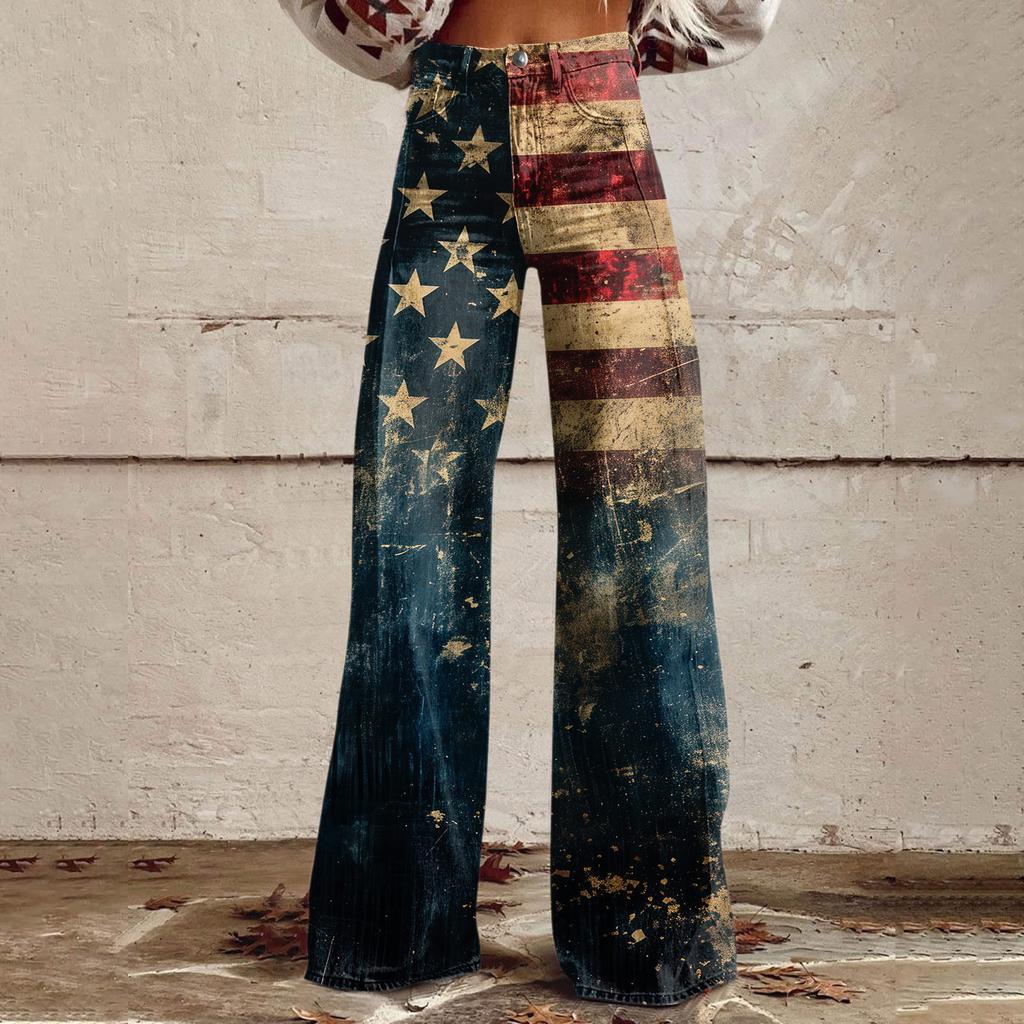 Wide Leg Flare Jeans For Women With Pockets Baggy Pants Vintage Floral Print High Waisted Loose Pant