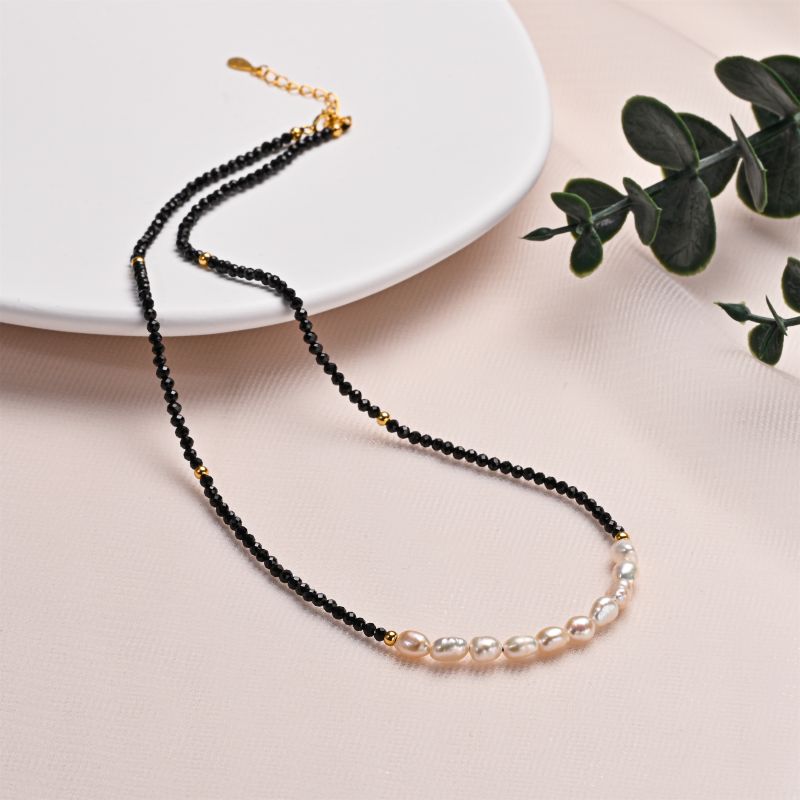 HENGSHENG OL Style Black Spinel Natural Crystal 4-5mm Freshwater Baroque Pearl S925 Silver Necklace For Women Girl Jewelry Gifts