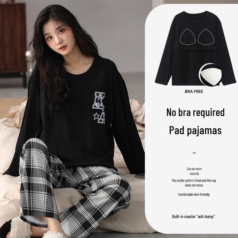 

Женская хлопковая пижама-пуловер с длинными рукавами, без бюстгальтера, с защитой от ударов, идеально подходит для домашнего ношения. 2XL