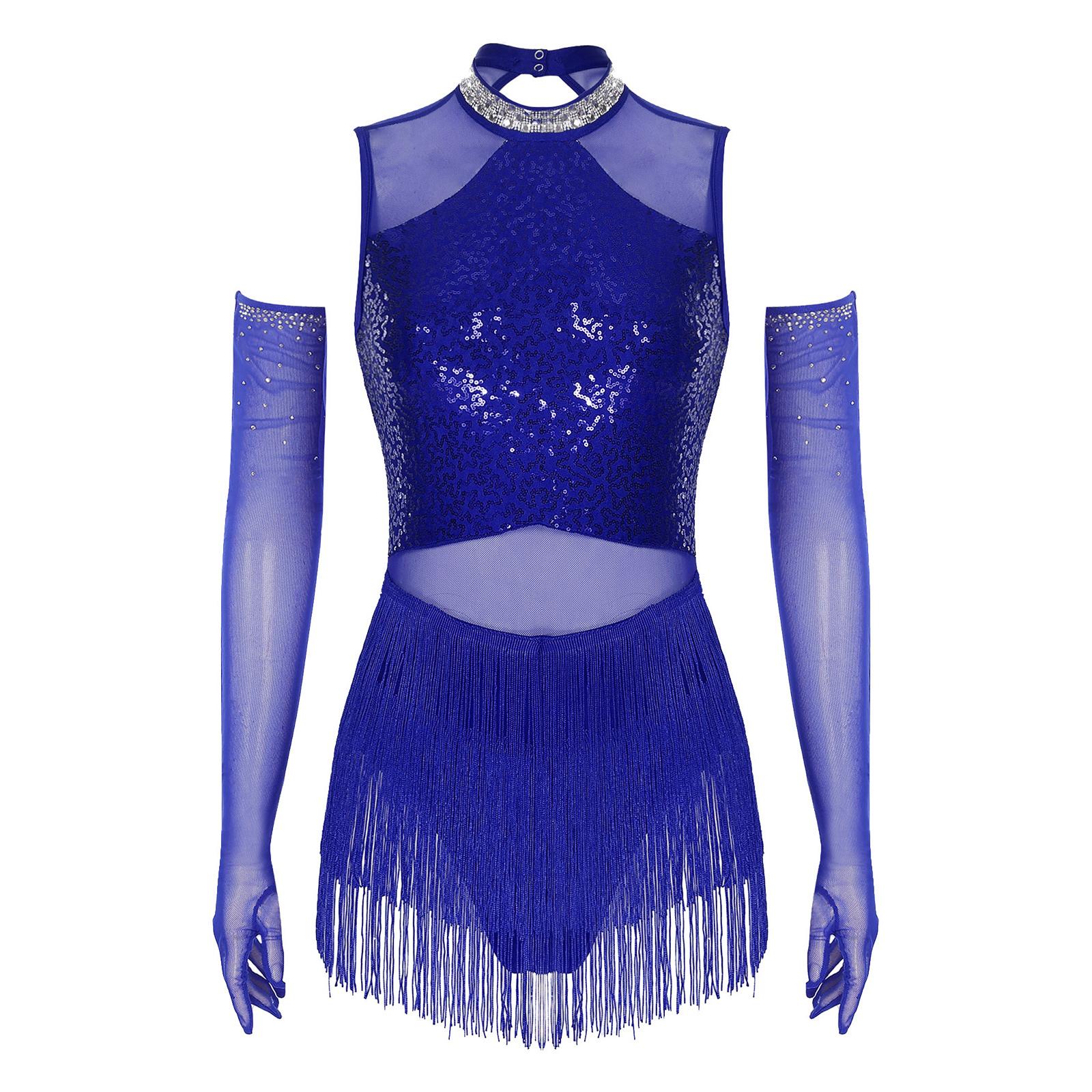 

Жіночий костюм для латиноамериканських танців Блискучий комір зі стразами Сітчаста вставка з бахромою та паєтками Виконавська сукня S королівський синій колір