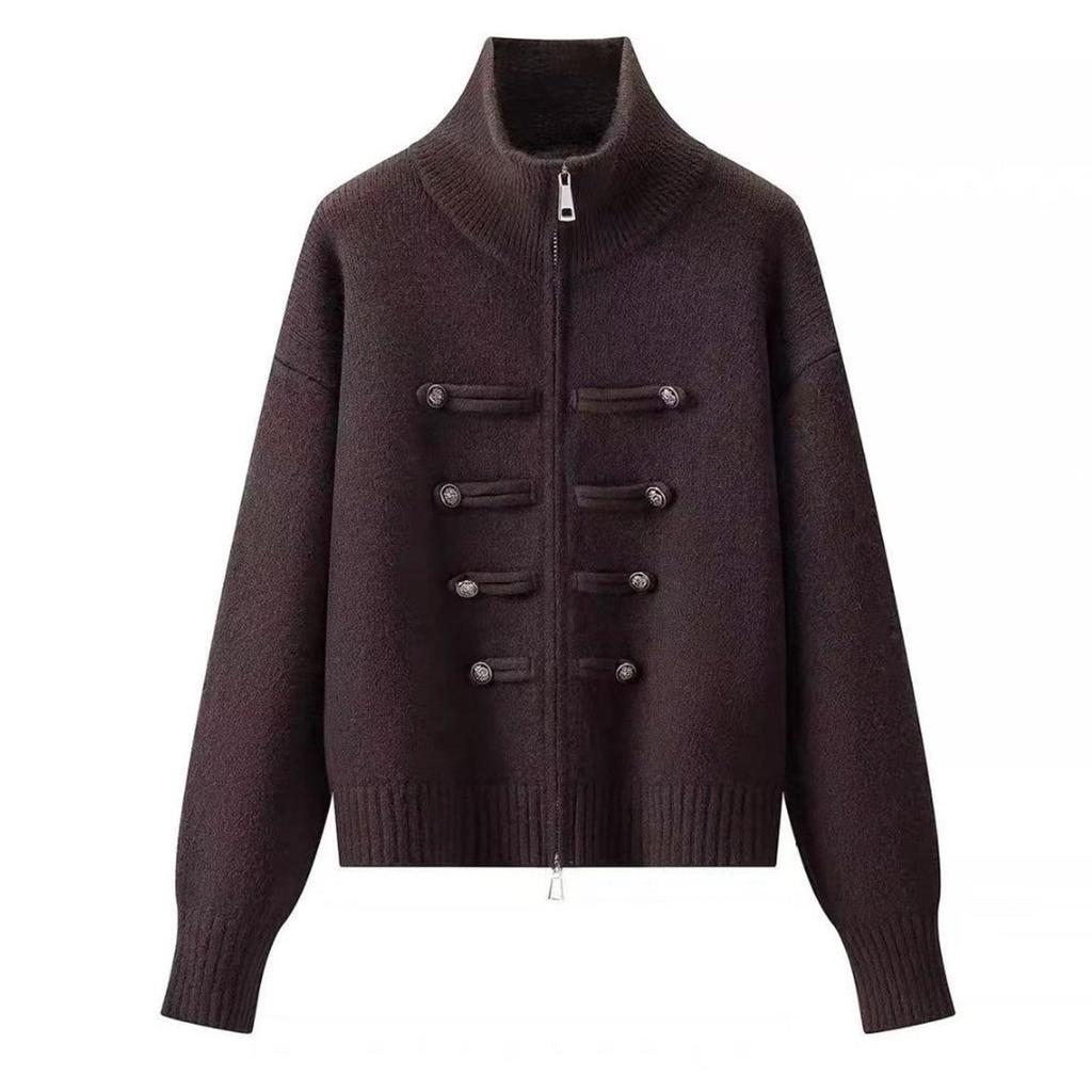 2026 Retro Chinese Style Frog Button Zipper Knit Cardigan - Women's Autumn/Winter Versatile Half-High Collar