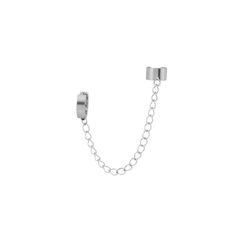Personality Design Double Stainless Steel Chain Clip Earrings for Men Women Harajuku Hip Hop Punk Ear Cuff Jewelry Fake Piercing