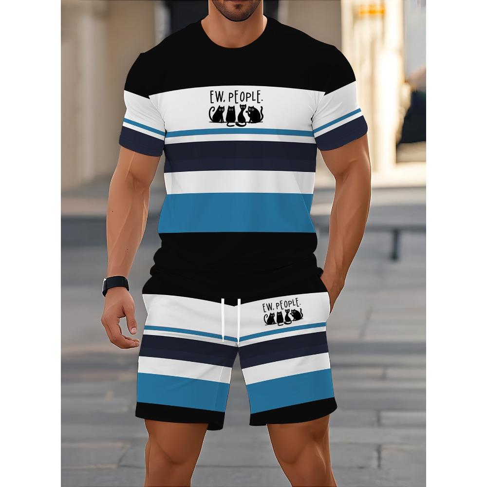 Summer Men s 3D Stripe Printed Sports Suit Fashion Versatile Trend Casual Breathable S