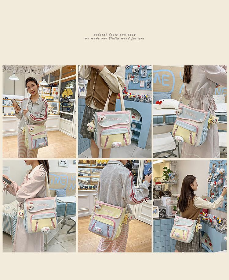 Japanese-Style Color-Block Tote Bag for Students: Lightweight, Large Capacity, Single-Shoulder Design