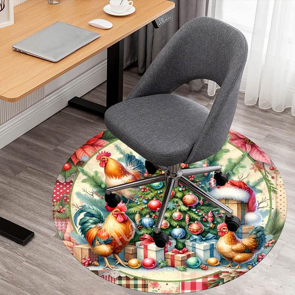 1PC Christmas Tree Rooster Office Round Area Rug, Under Office Chairs Bedroom Living Room Home Decor,Carpet for Office, -1110274