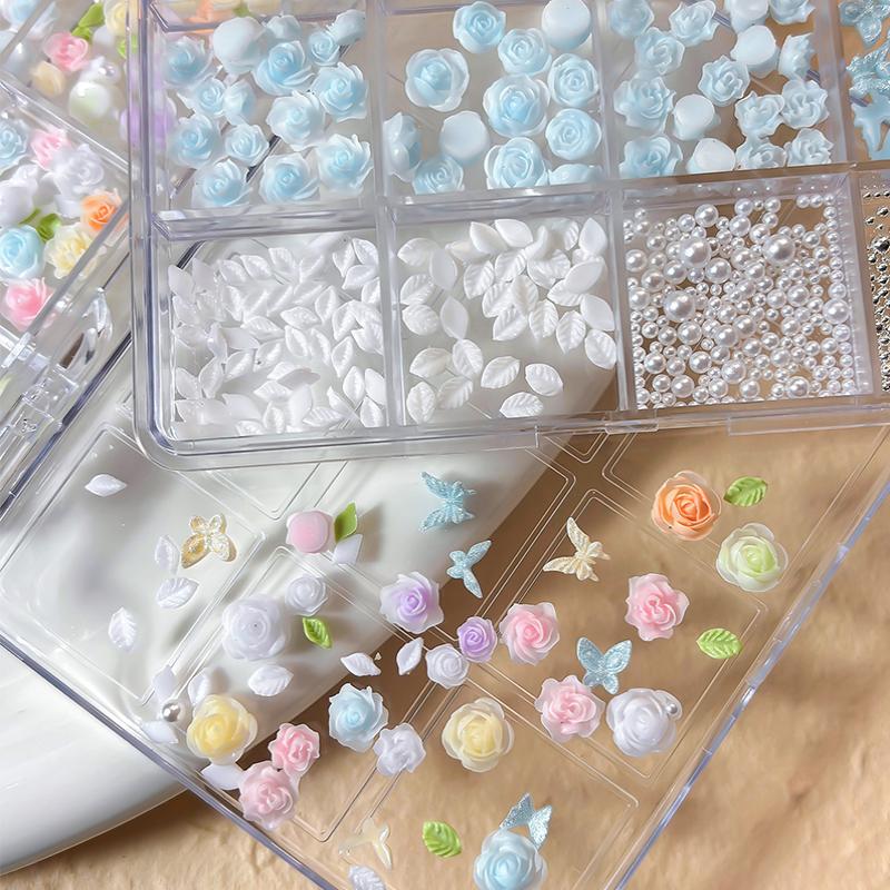 6/12 Grids 3D Camellia Rose Flower Nail Art Charms Mixed Floral Butterfly Pearl Nails Decor For Diy Crafts Manicure Accessory