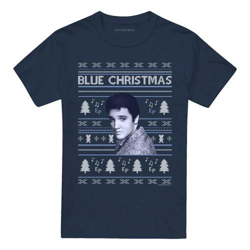 Elvis Presley Unisex Adult Blue Ugly Christmas Fair Isle T-Shirt
