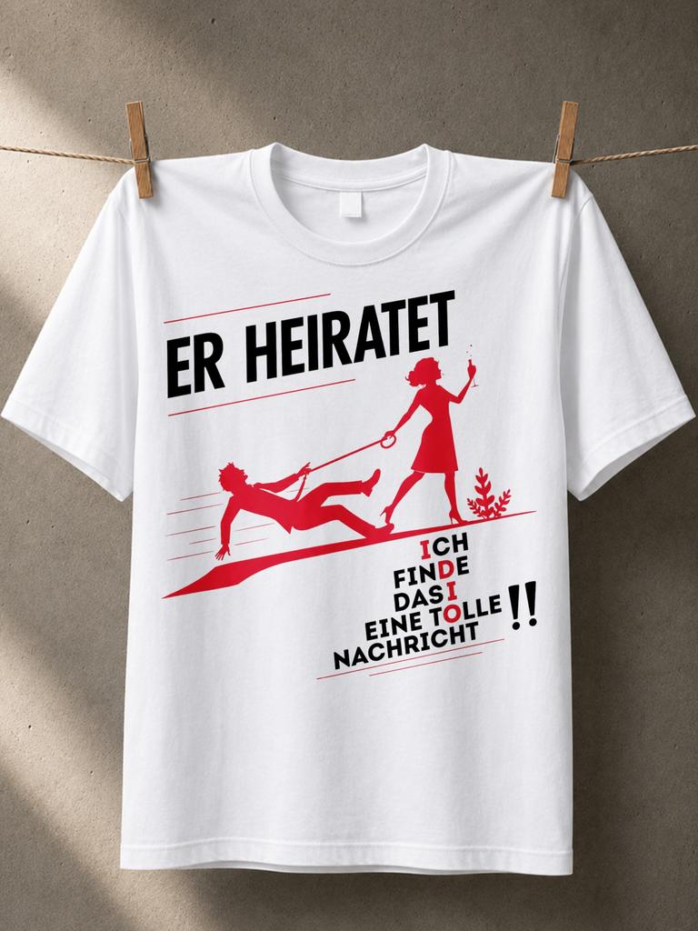 Er Heiratet With Red Bride And Groom Silhouettes Gerunisex Fun News Quote And Minimalist Bachelor Unisex All TShirt