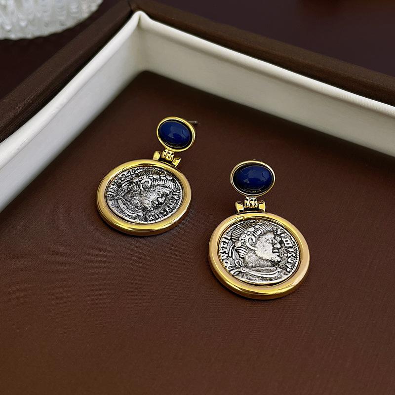 Винтажные старые гравированные портретные монеты круглые серебряные серьги-гвоздики французские геометрические серьги
