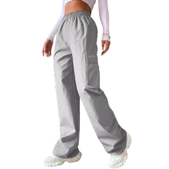 Damen Cargohose mit elastischem Bund, weites Bein, einfarbige Hose, lässige Jogginghose mit seitlicher Klappentasche