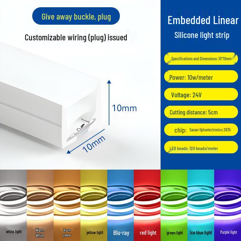 Dimmable Waterproof LED Silicone Strip, 12V-24V, 220V, Self-Adhesive, Embedded Linear Slot