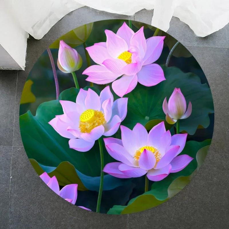Lotus Flower Round Carpet Living Room Bedroom Yoga Mat Rugs Chinese Style Retro Non-slip Chair Mat Home Decoration Floor Mats