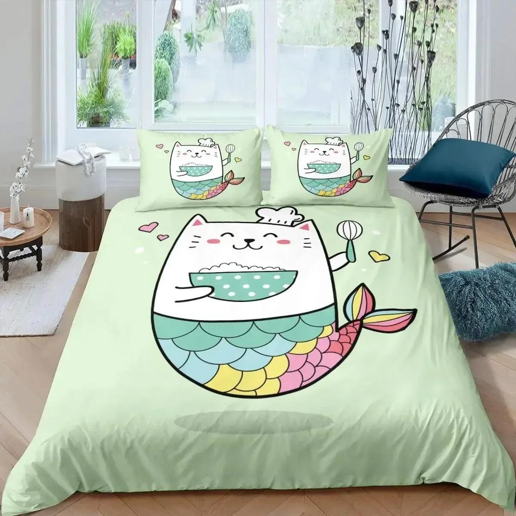 Rainbow Cartoon Cat Colorful Mermaid Comfortable Duvet Cover Pillowcase Bedding Set Children Bedroom Decoration Home Textile