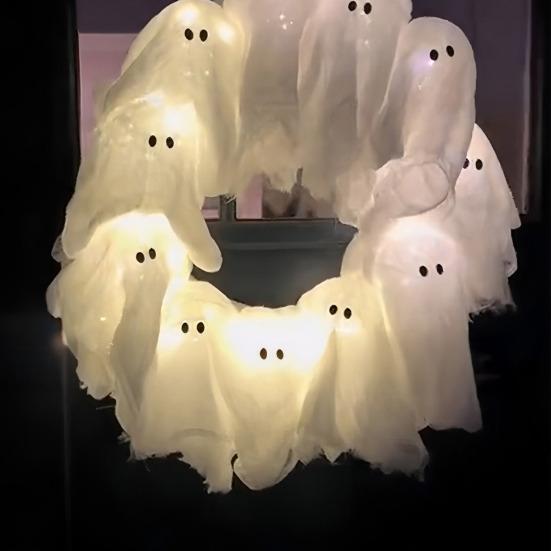 Halloween Ghost Wreath with 12 LED Lights Small Light-up White Ghost Hanging Wreath for Front Porch Door Wall Indoor Outdoor Decoration