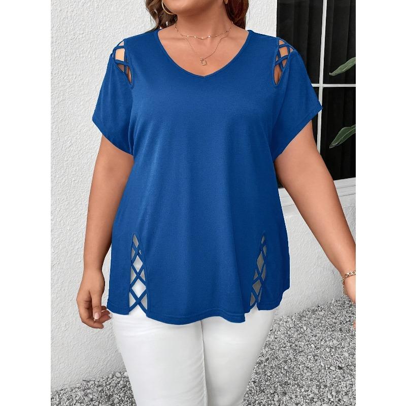Gładki kolor, krótki rękaw, detal z krzyżującymi się paskami, modny, elegancki, damski top/koszulka plus size