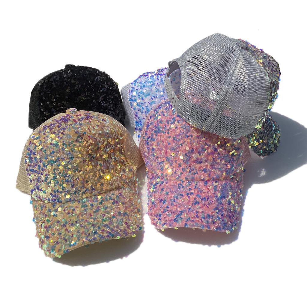 Fashion Ladies Full Sequin Decor Trucker Cap, Shiny Mesh Back Peaked Hat, Adjustable Sun Protection Baseball Hat for Outdoor Vacation