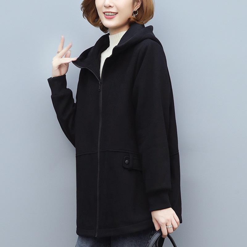 Women's Fleece-Lined Hooded Cardigan - Autumn/Winter 2024 Casual Loose Fit for Middle-Aged Moms